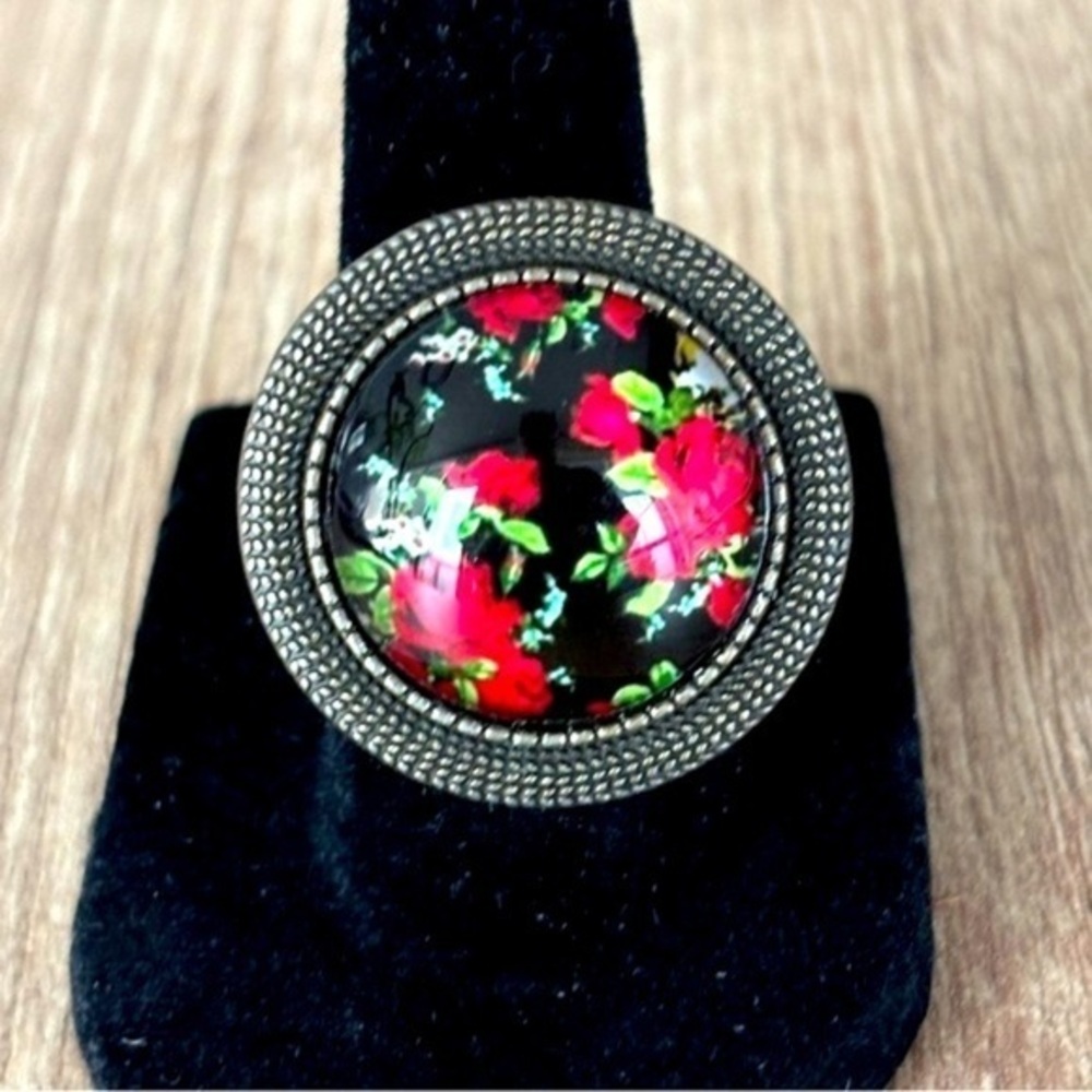 Dark Floral Print Adjustable Ring, Handmade, NWT
